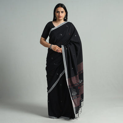 Black - Handloom Cotton Phulia Jamdani Saree with Tassels 127
