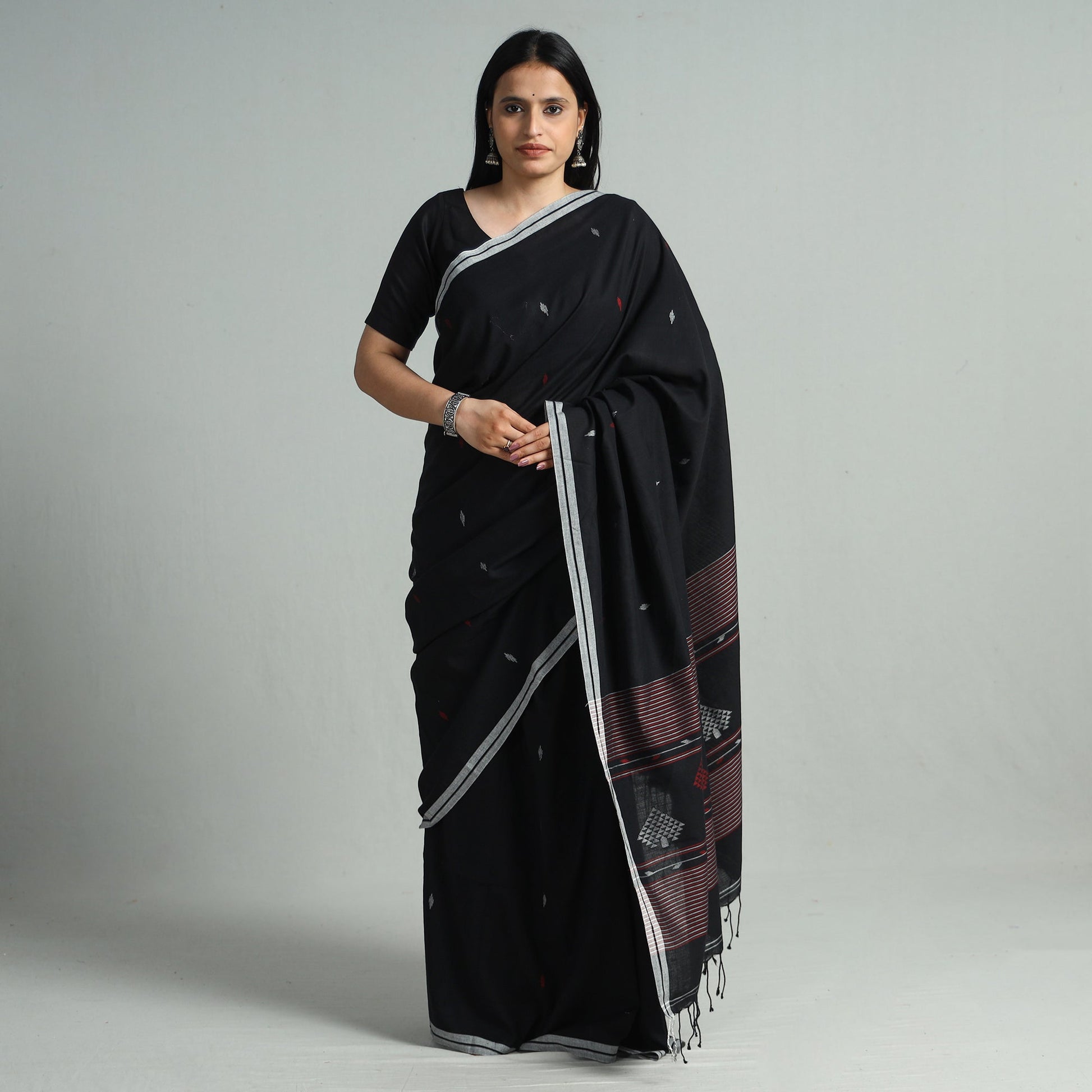 Black - Handloom Cotton Phulia Jamdani Saree with Tassels 127