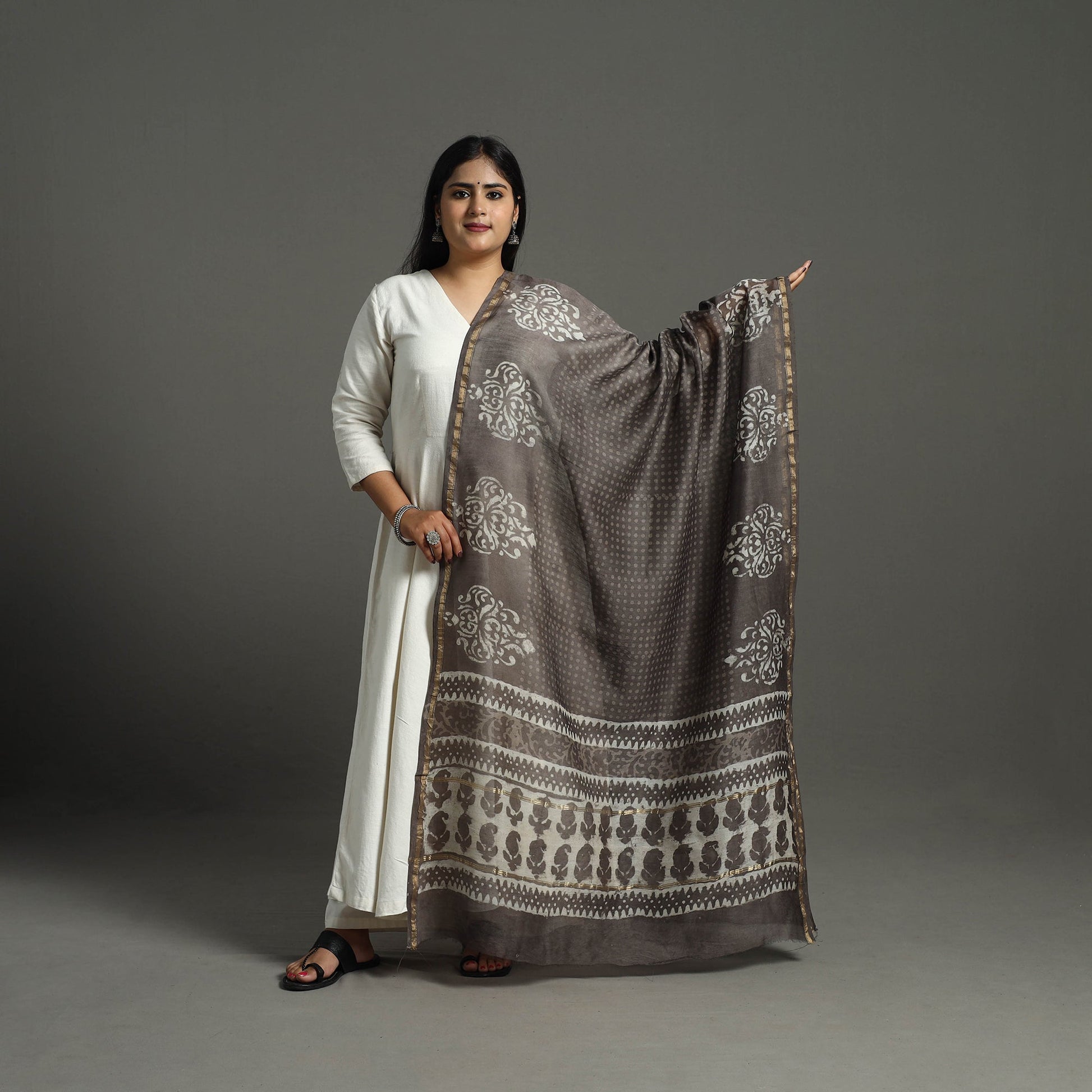 Brown - Chanderi Silk Block Print Bagru Dupatta 12