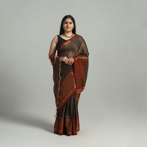 Brown - Dharwad Cotton Saree with Zari Border