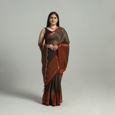 Brown - Dharwad Cotton Saree with Zari Border