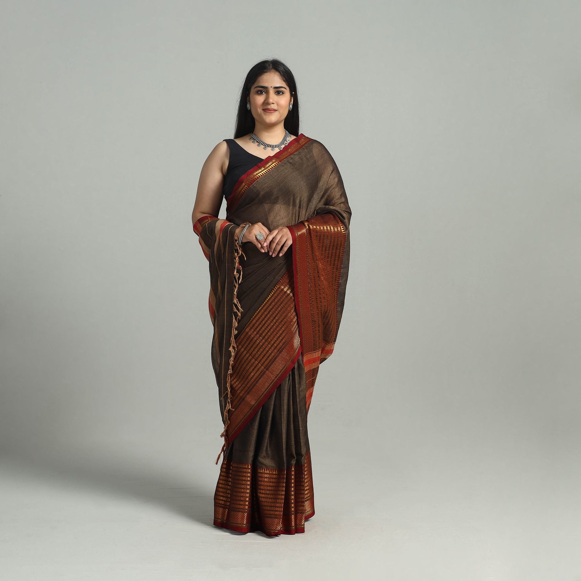 Brown - Dharwad Cotton Saree with Zari Border