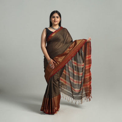 Brown - Dharwad Cotton Saree with Zari Border