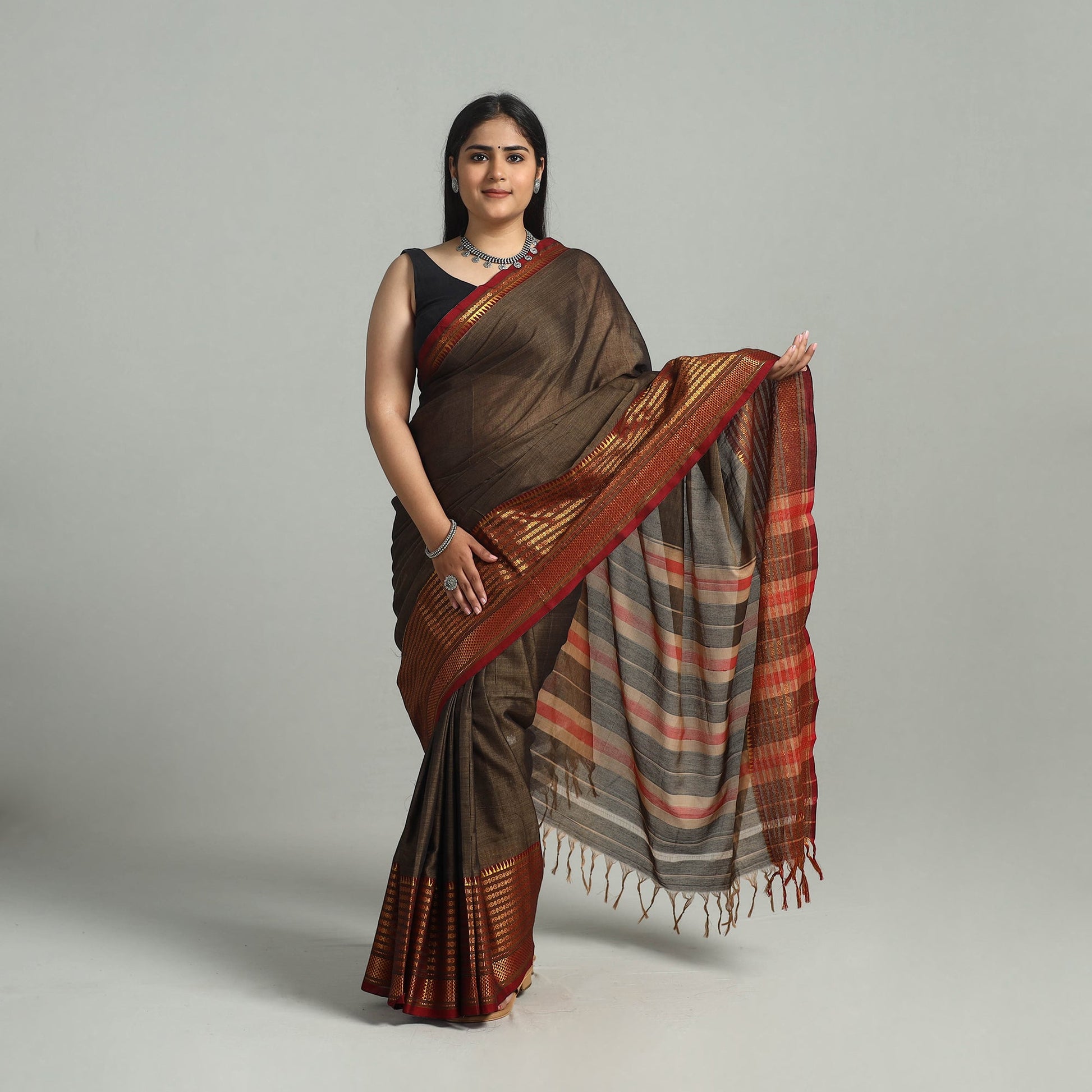 Brown - Dharwad Cotton Saree with Zari Border