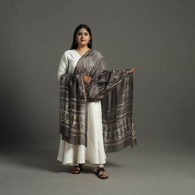Brown - Chanderi Silk Block Print Bagru Dupatta 12