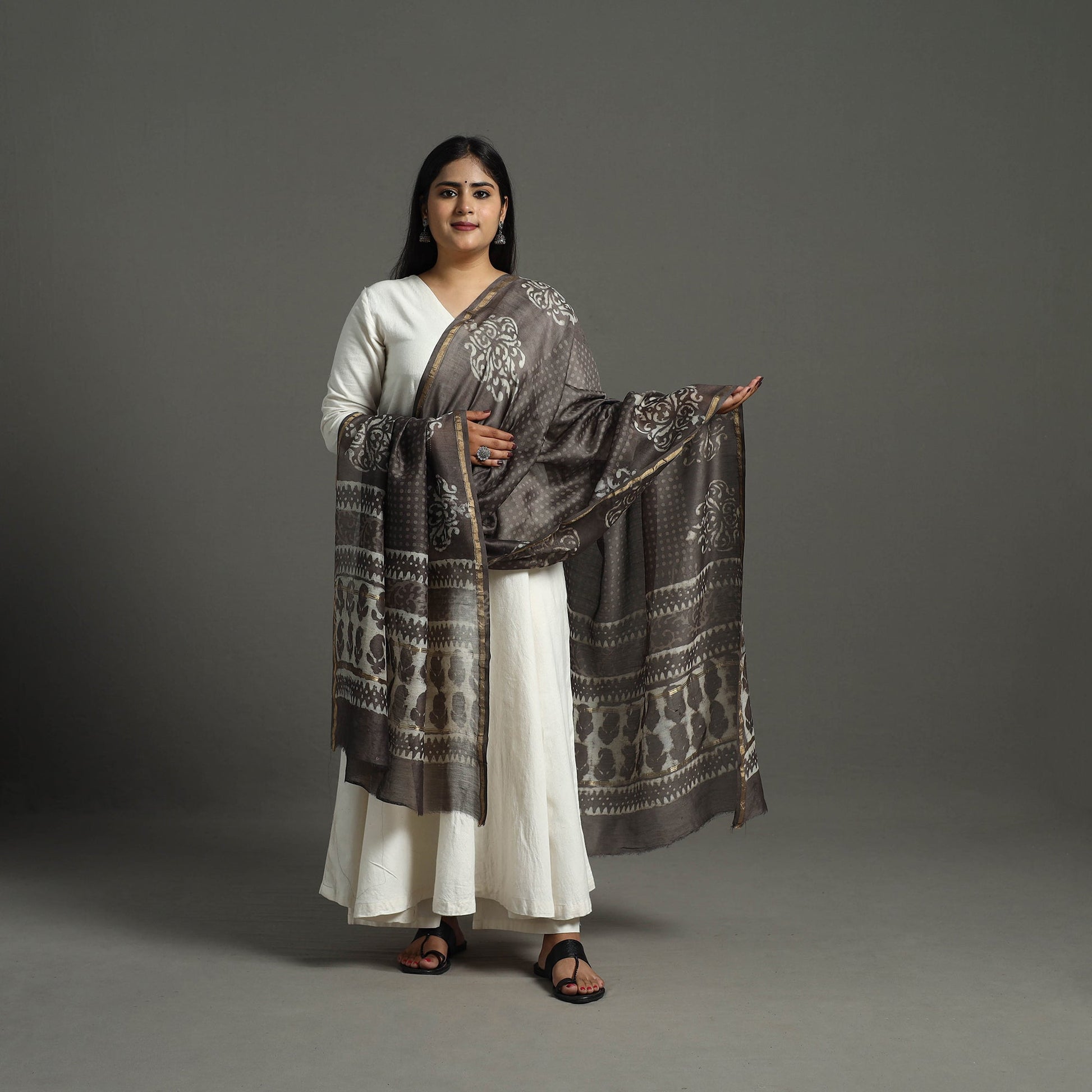 Brown - Chanderi Silk Block Print Bagru Dupatta 12