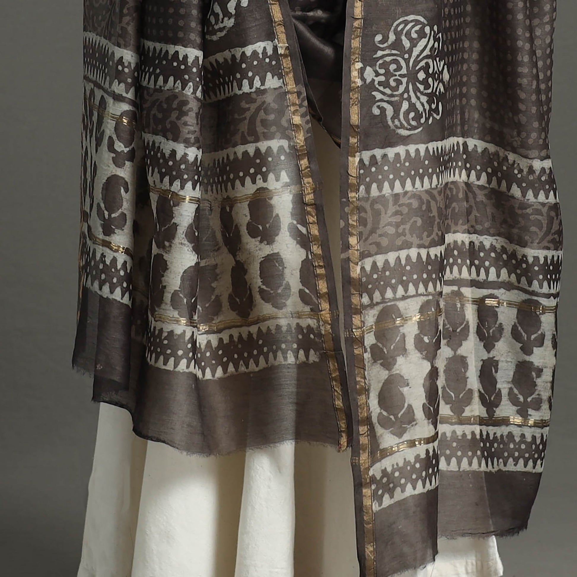 Brown - Chanderi Silk Block Print Bagru Dupatta 12
