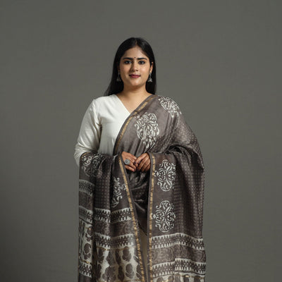 Brown - Chanderi Silk Block Print Bagru Dupatta 12