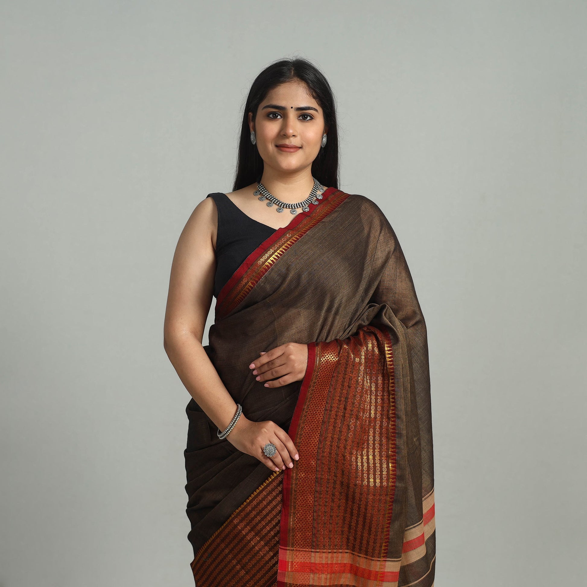 Brown - Dharwad Cotton Saree with Zari Border