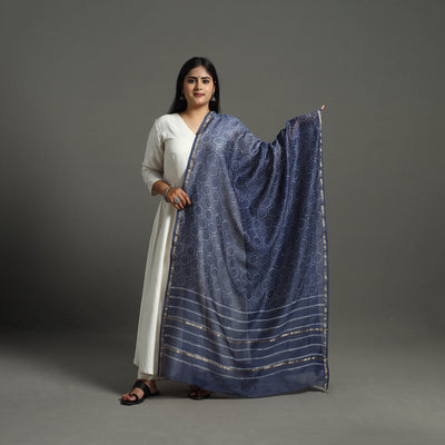 Blue - Chanderi Silk Block Print Bagru Dupatta 13