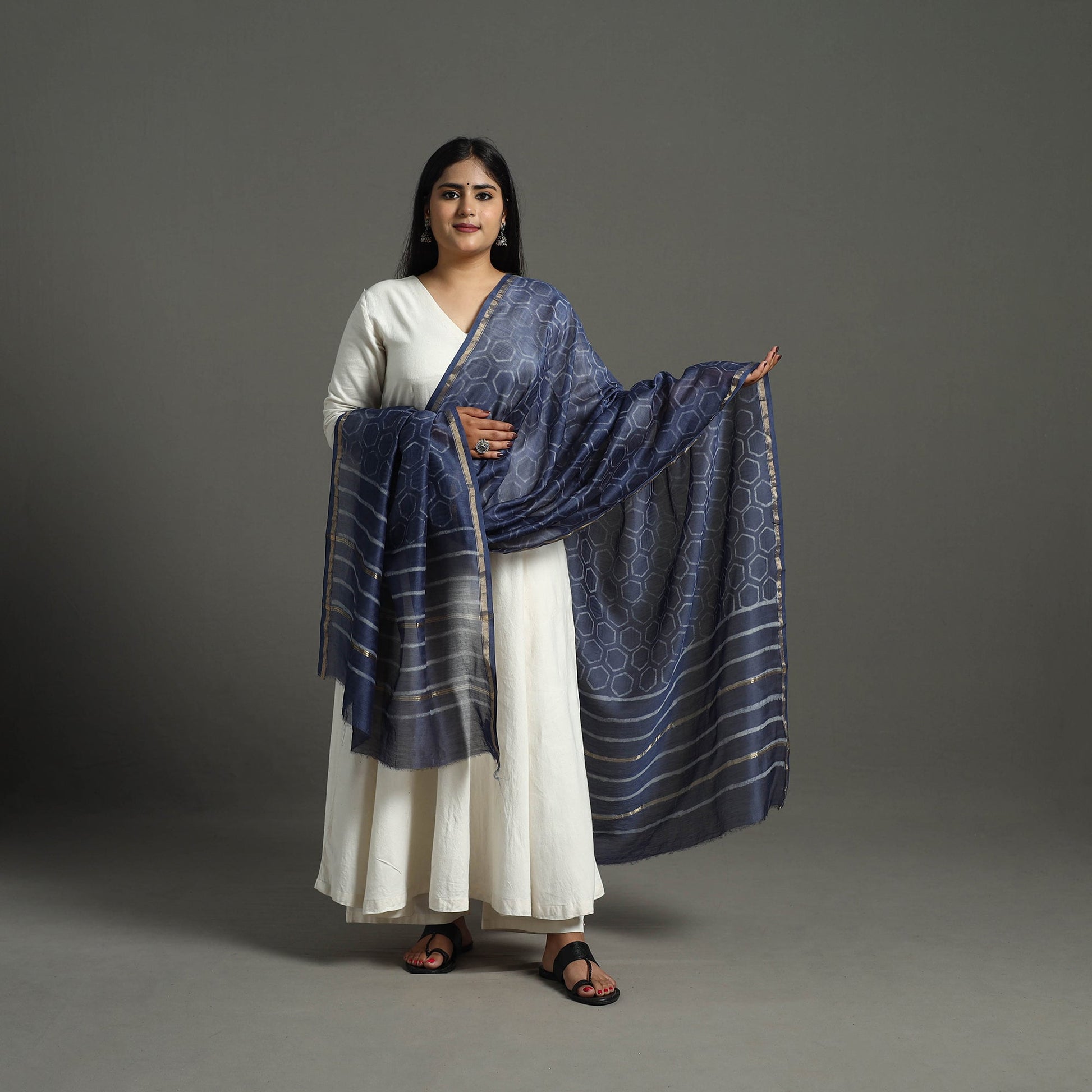 Blue - Chanderi Silk Block Print Bagru Dupatta 13