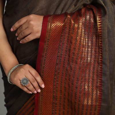 Brown - Dharwad Cotton Saree with Zari Border