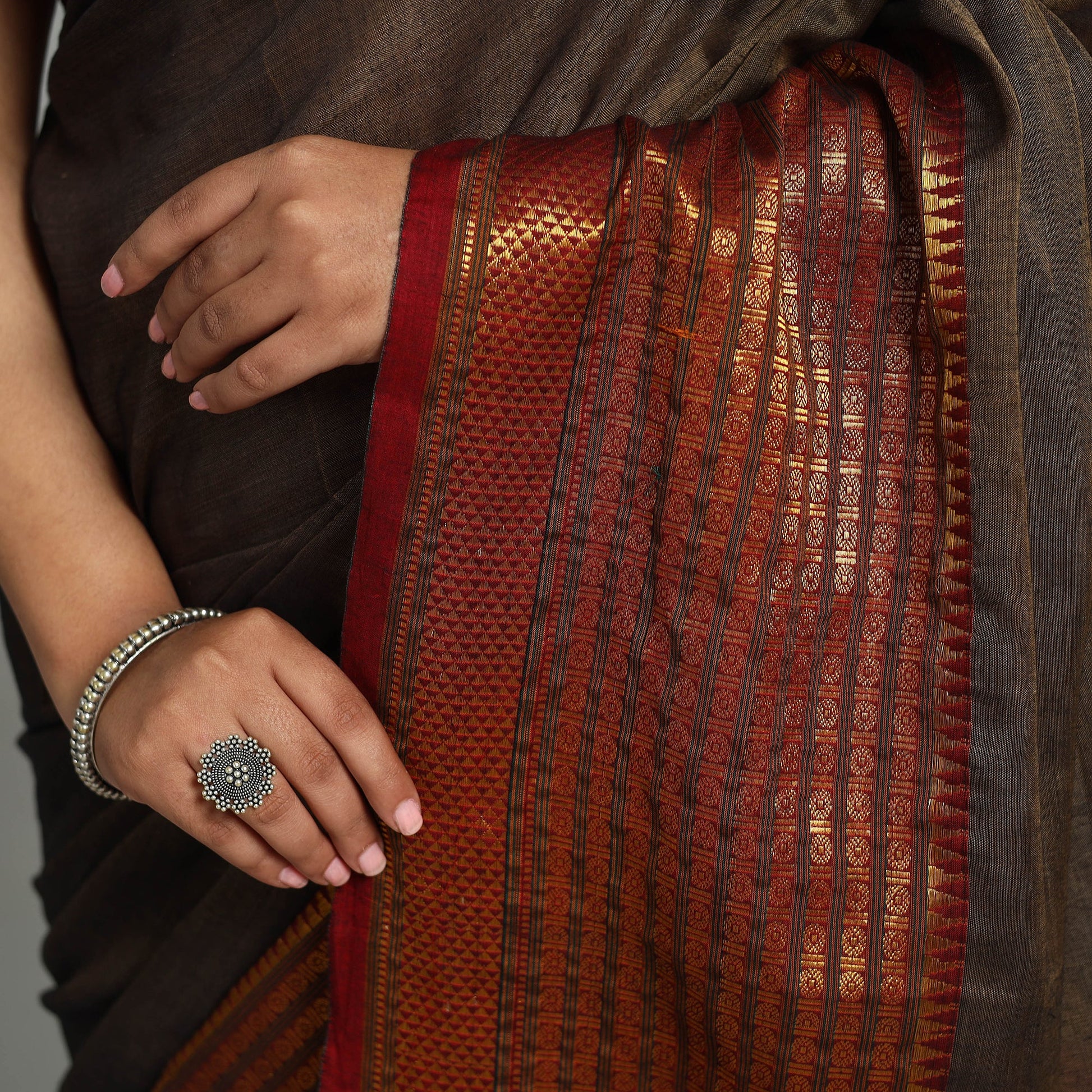 Brown - Dharwad Cotton Saree with Zari Border
