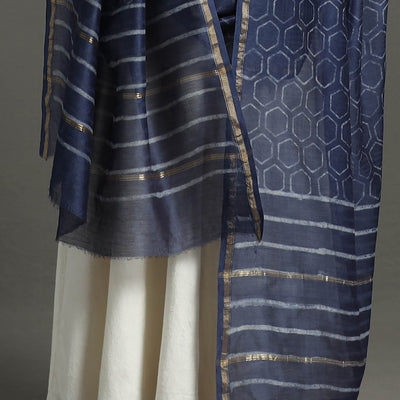 Blue - Chanderi Silk Block Print Bagru Dupatta 13