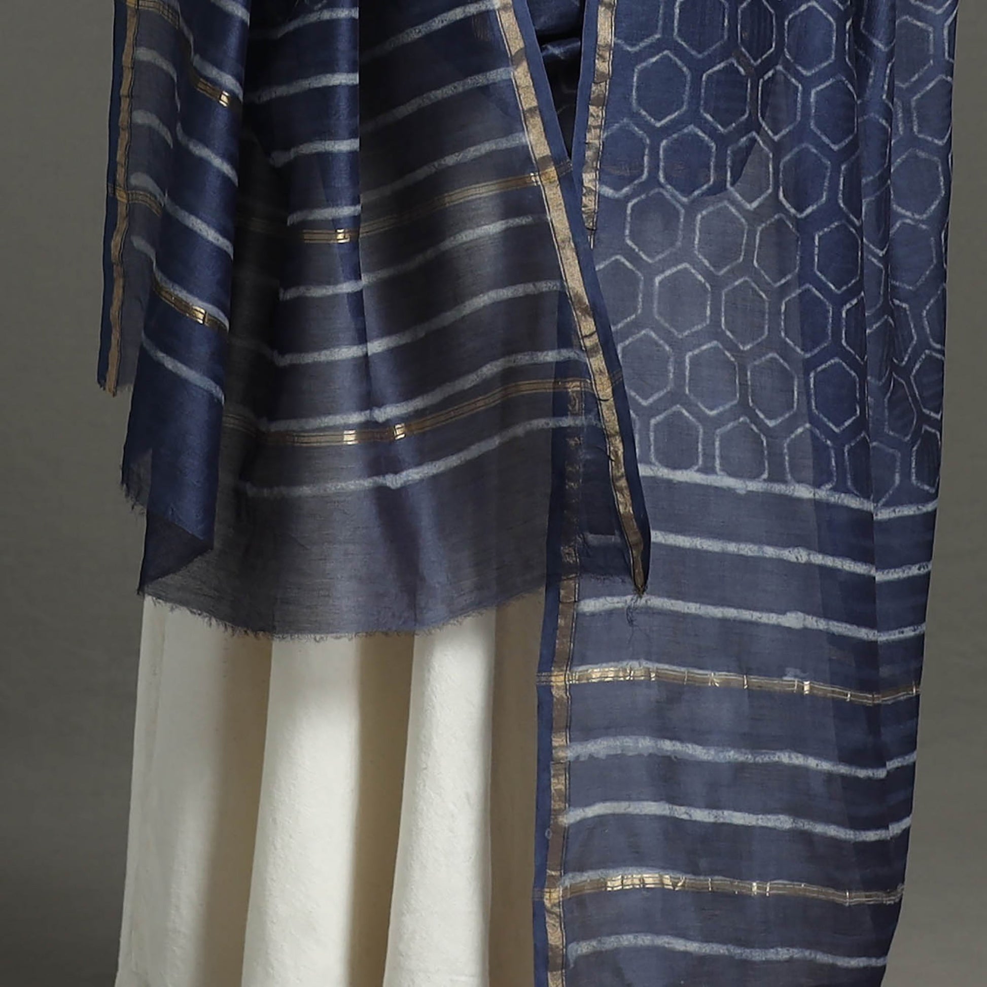 Blue - Chanderi Silk Block Print Bagru Dupatta 13