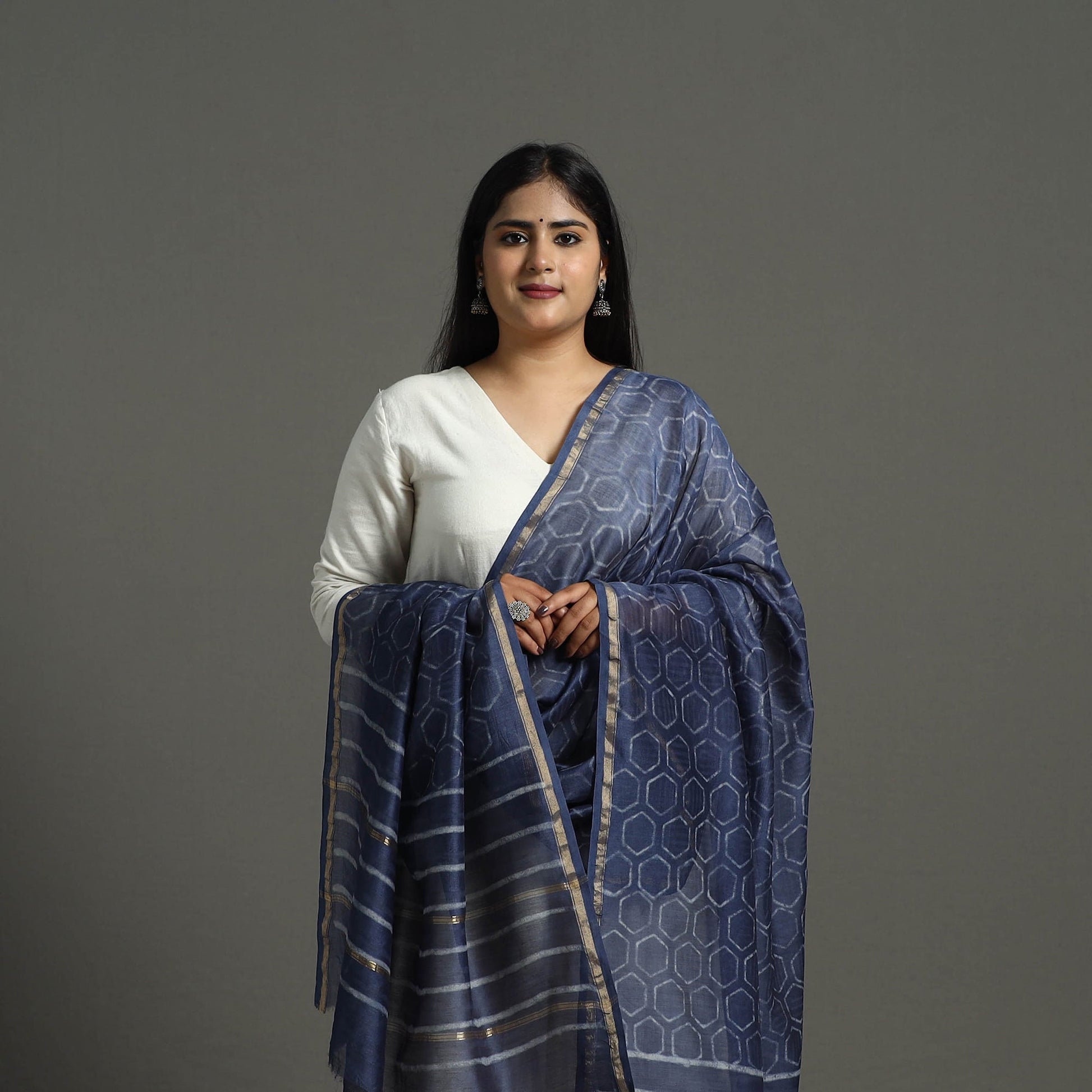 Blue - Chanderi Silk Block Print Bagru Dupatta 13