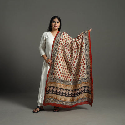 Beige - Block Print Chanderi Silk Bagru Dupatta 14