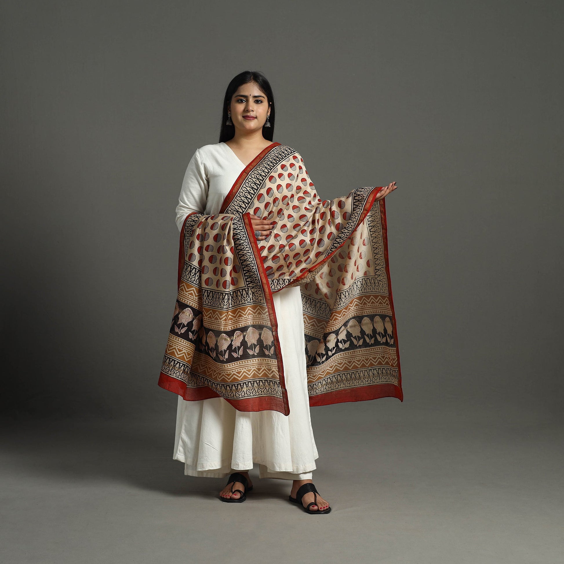 Beige - Block Print Chanderi Silk Bagru Dupatta 14