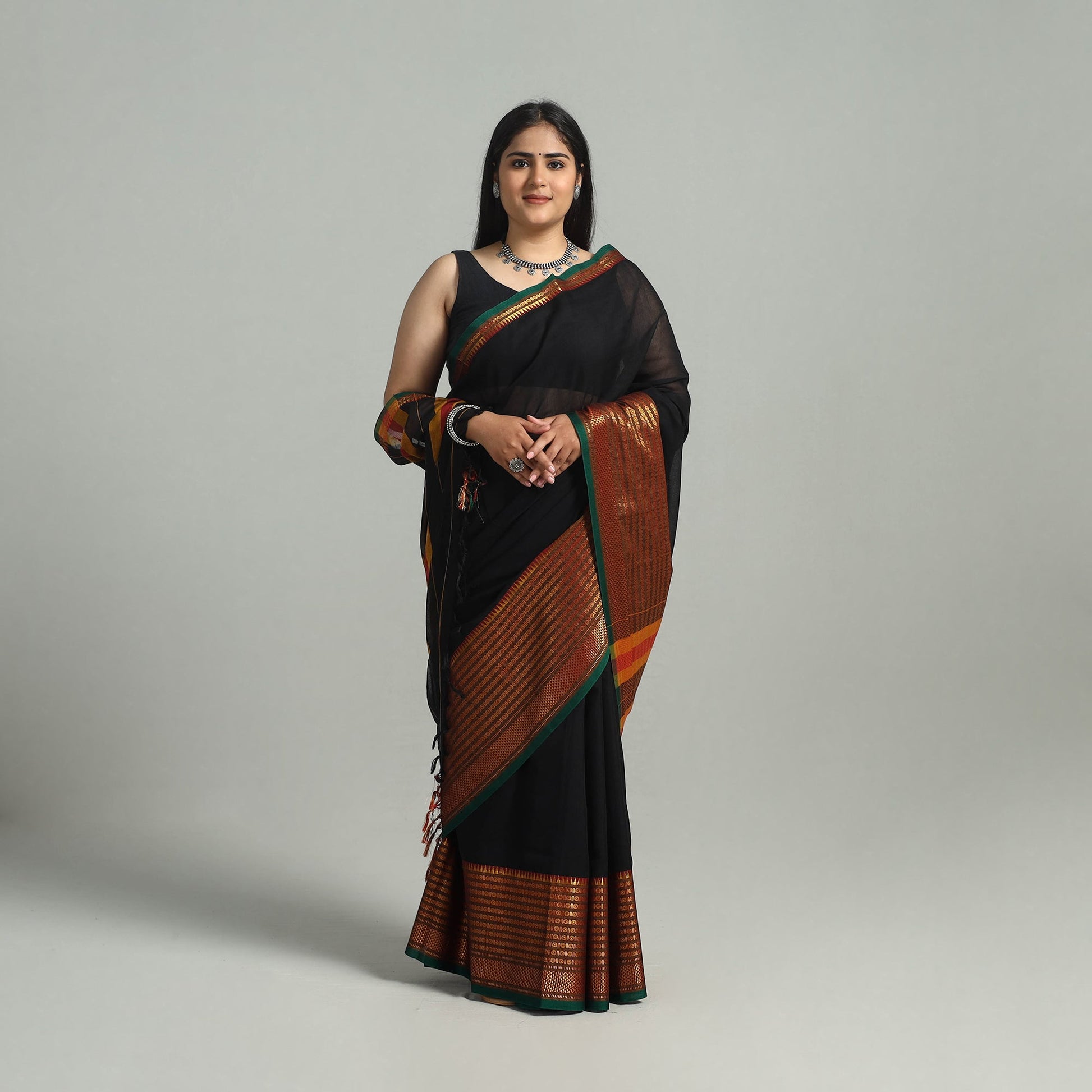 Black - Dharwad Cotton Saree with Zari Border