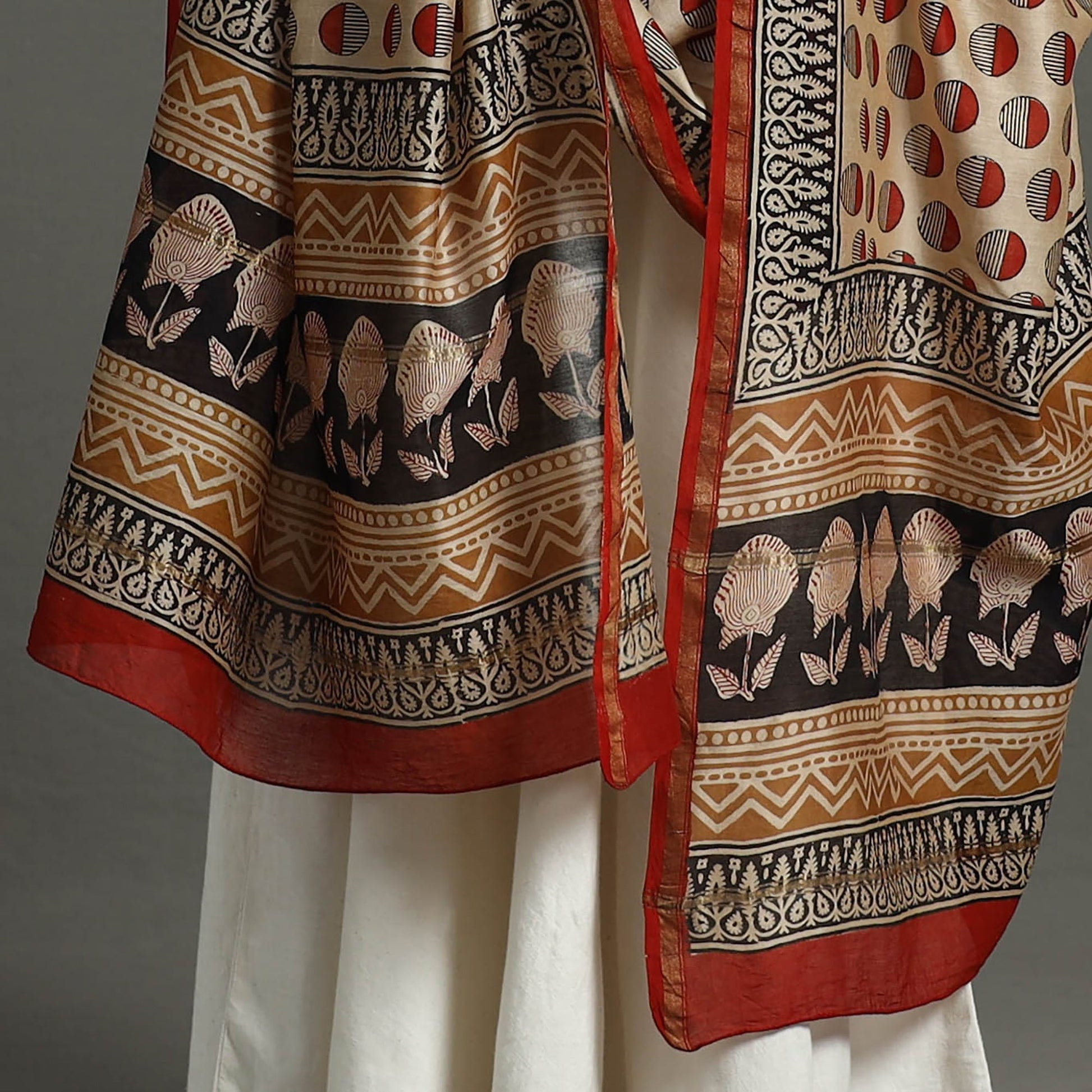 Beige - Block Print Chanderi Silk Bagru Dupatta 14