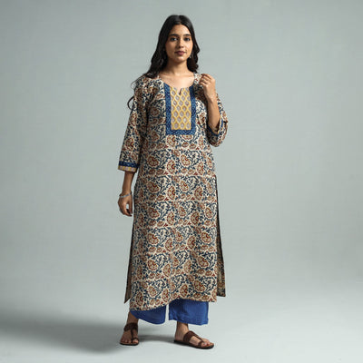 Beige - Pedana Kalamkari Block Printed Cotton Kurta with Palazzo Set
