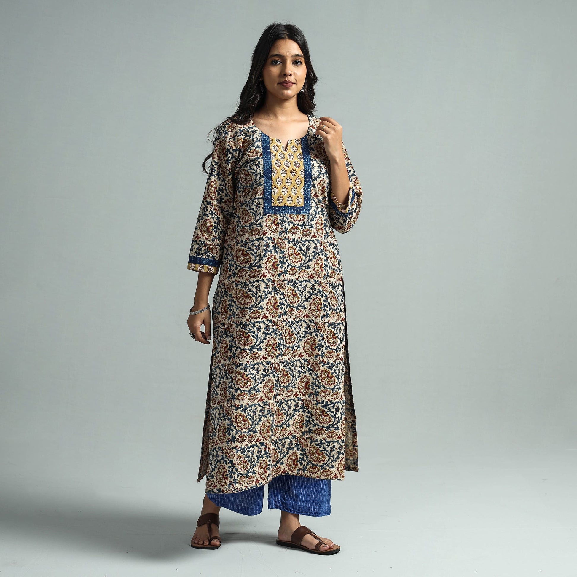 Beige - Pedana Kalamkari Block Printed Cotton Kurta with Palazzo Set
