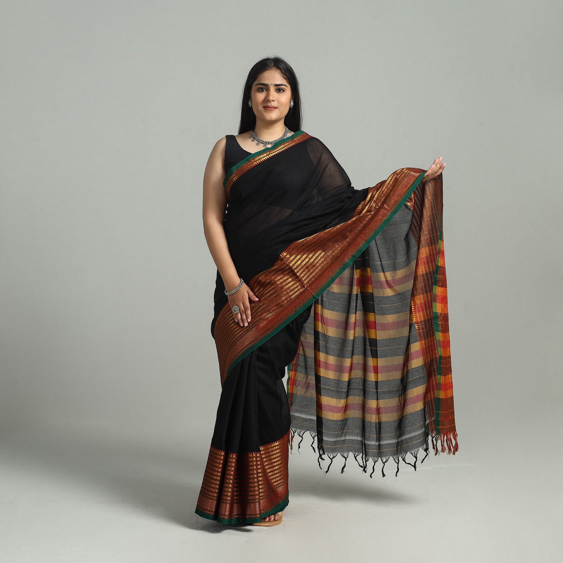 Black - Dharwad Cotton Saree with Zari Border