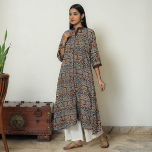Brown - Kalamkari Hand Block Printed Cotton A-Line Kurta 05