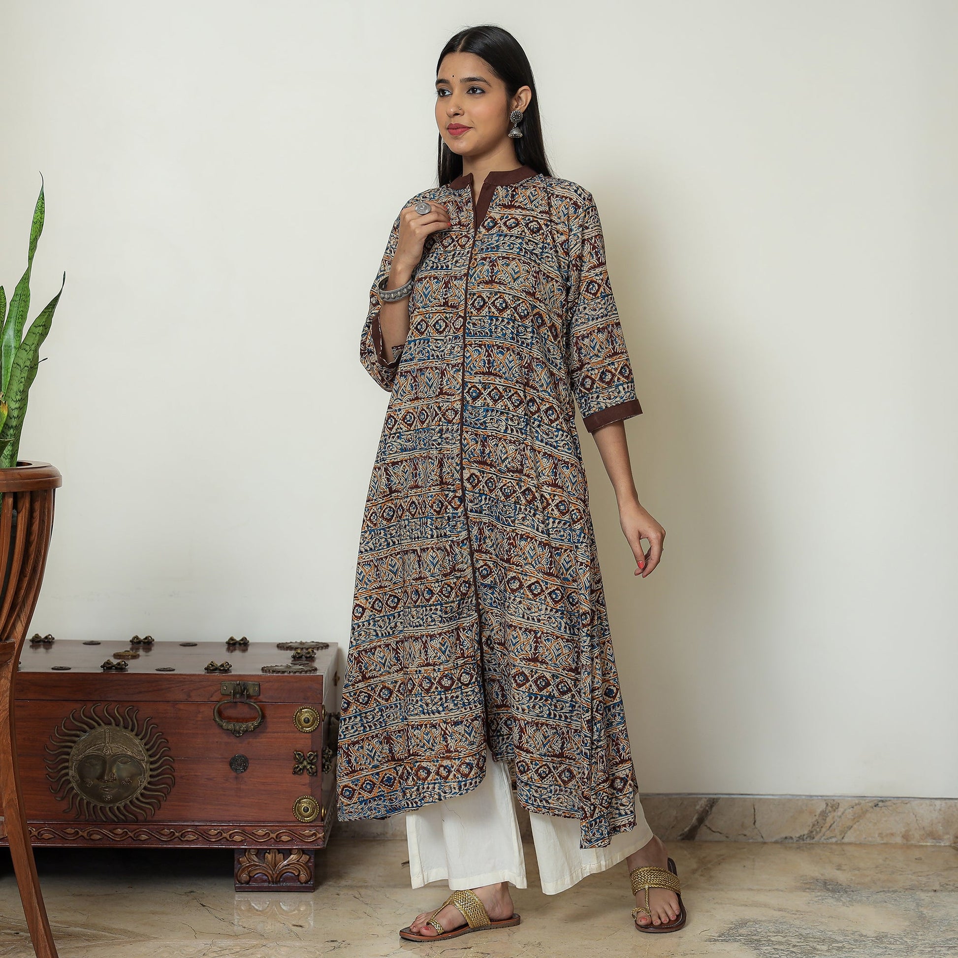Brown - Kalamkari Hand Block Printed Cotton A-Line Kurta 05