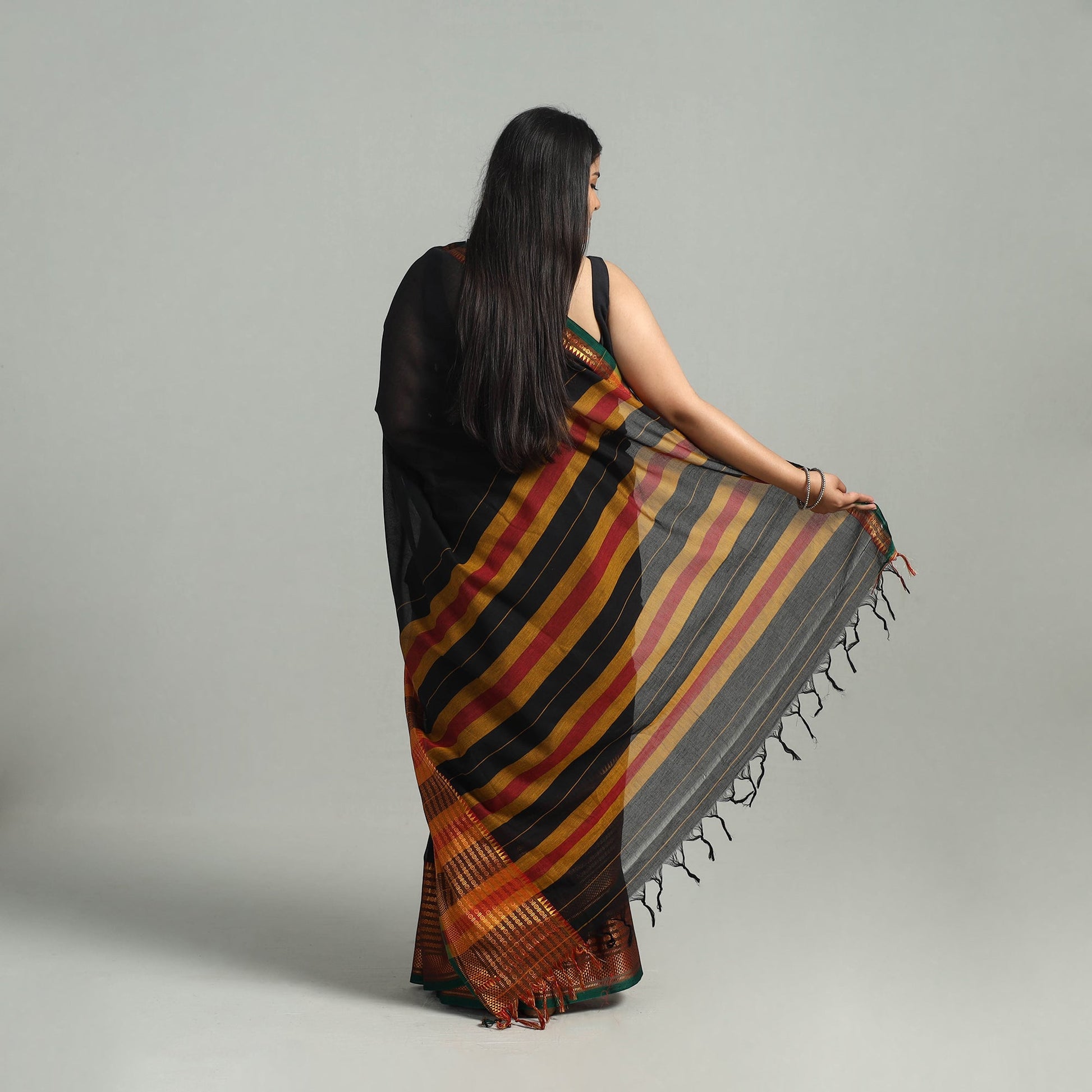 Black - Dharwad Cotton Saree with Zari Border