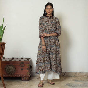 Brown - Kalamkari Hand Block Printed Cotton A-Line Kurta 05