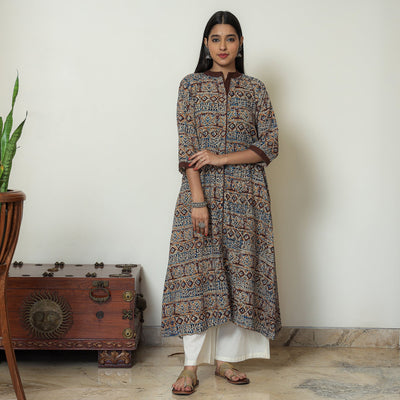 Brown - Kalamkari Hand Block Printed Cotton A-Line Kurta 05