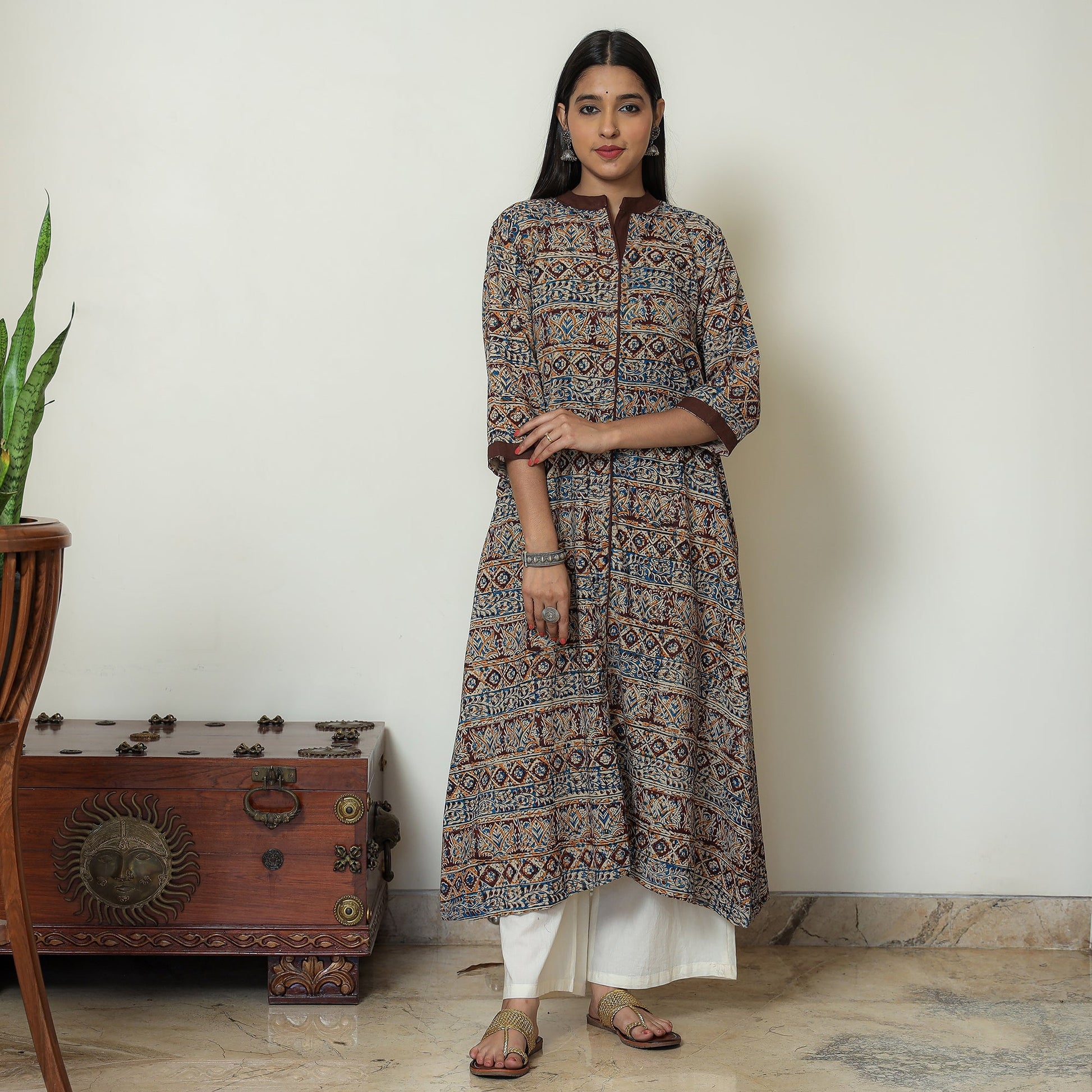 Brown - Kalamkari Hand Block Printed Cotton A-Line Kurta 05