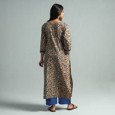 Beige - Pedana Kalamkari Block Printed Cotton Kurta with Palazzo Set