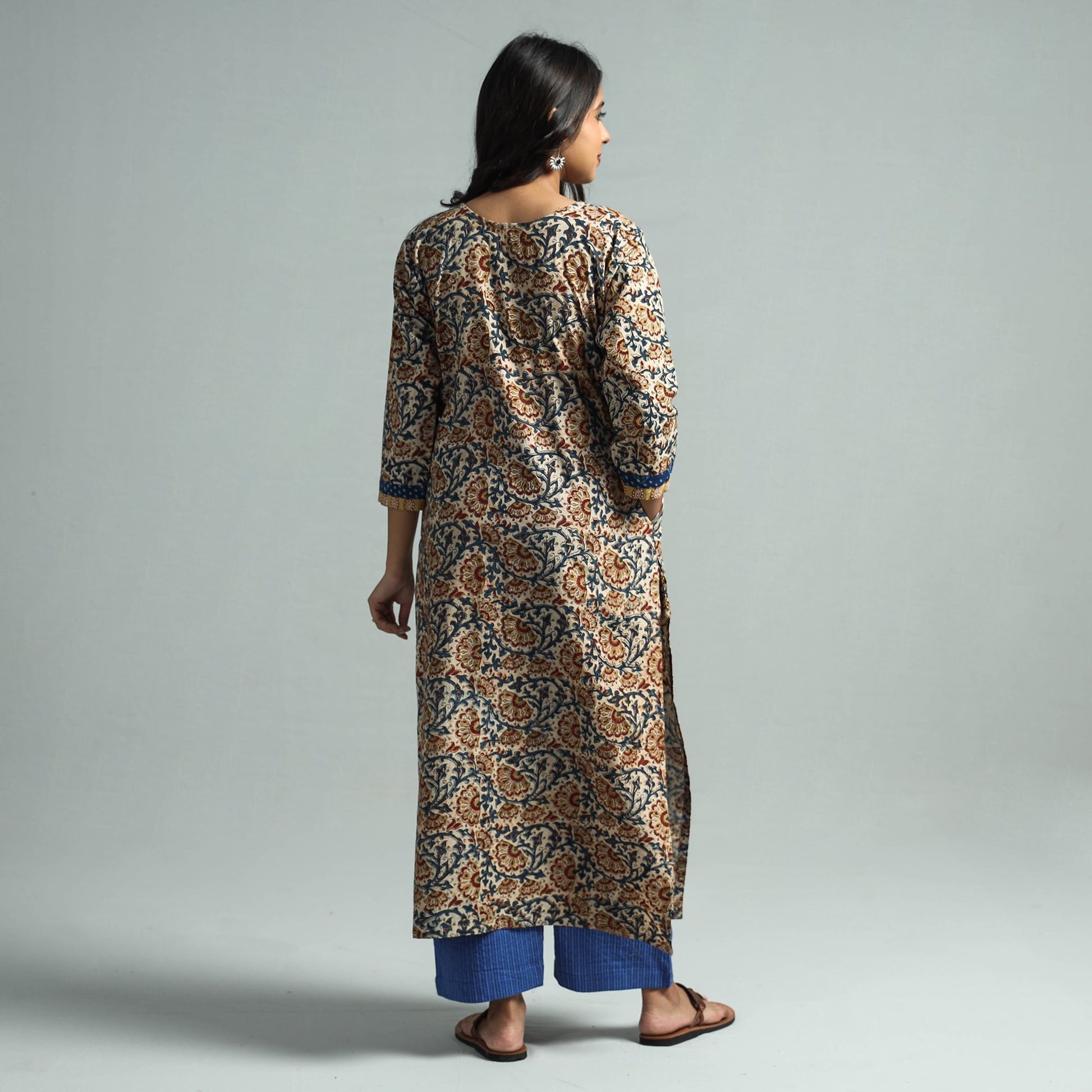 Beige - Pedana Kalamkari Block Printed Cotton Kurta with Palazzo Set