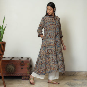 Brown - Kalamkari Hand Block Printed Cotton A-Line Kurta 05