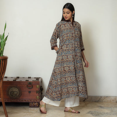Brown - Kalamkari Hand Block Printed Cotton A-Line Kurta 05