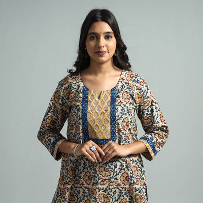 Beige - Pedana Kalamkari Block Printed Cotton Kurta with Palazzo Set