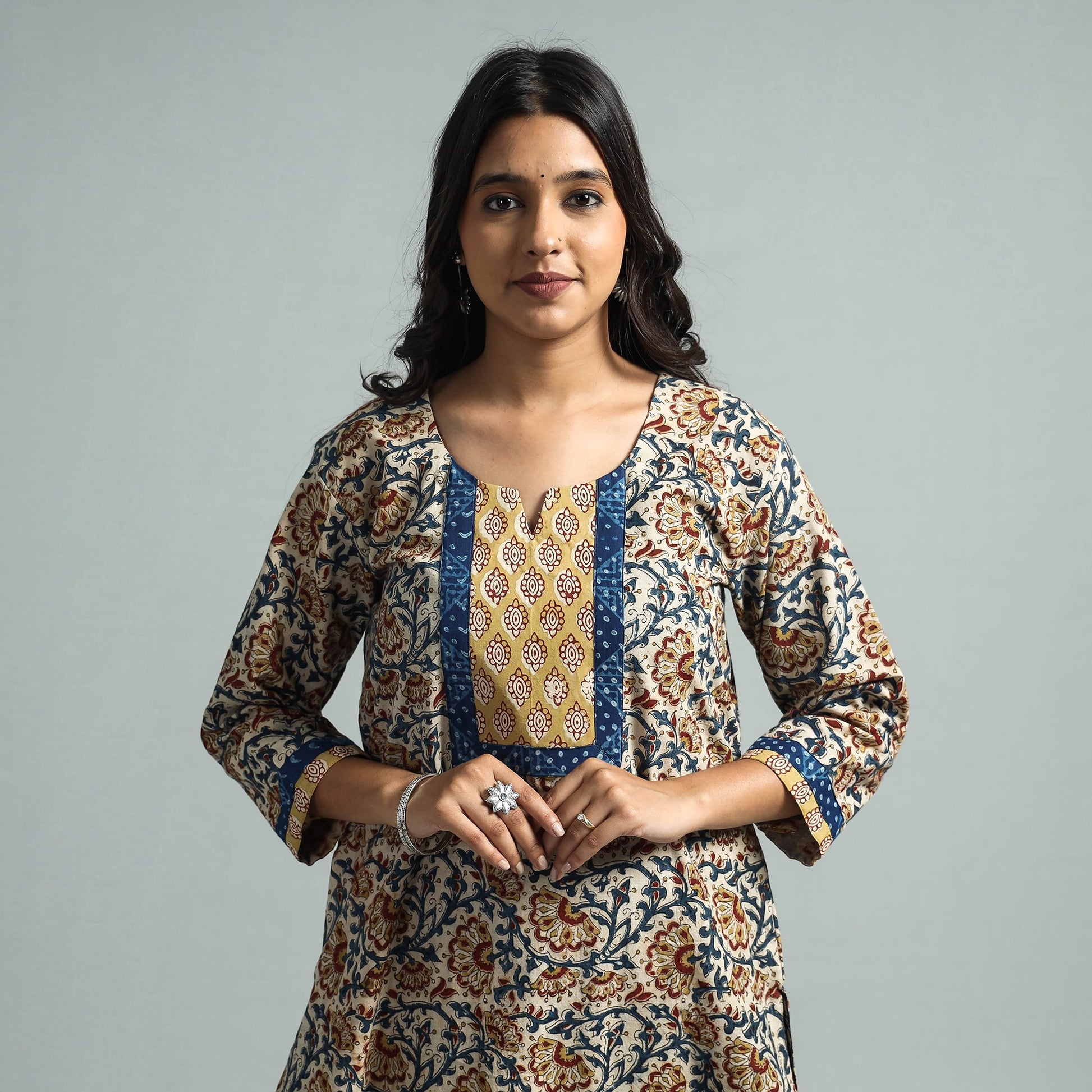 Beige - Pedana Kalamkari Block Printed Cotton Kurta with Palazzo Set