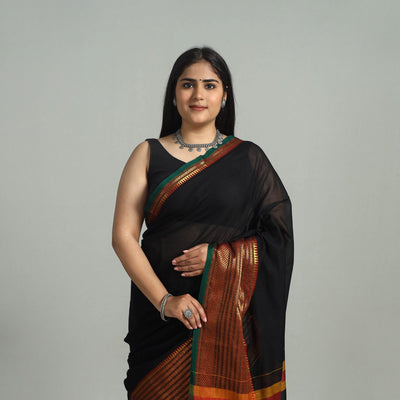 Black - Dharwad Cotton Saree with Zari Border