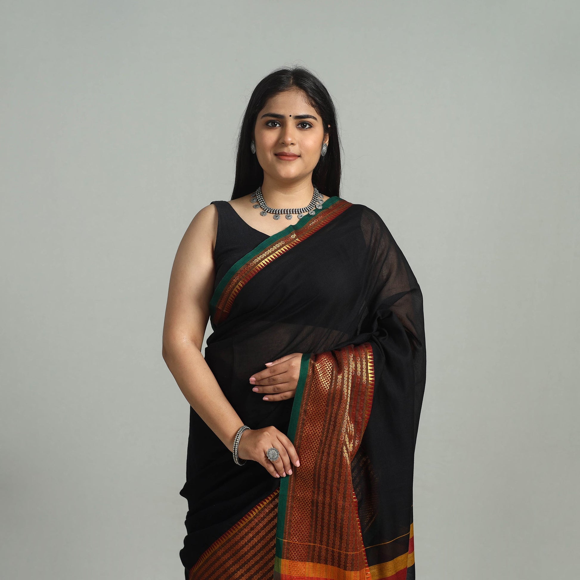 Black - Dharwad Cotton Saree with Zari Border