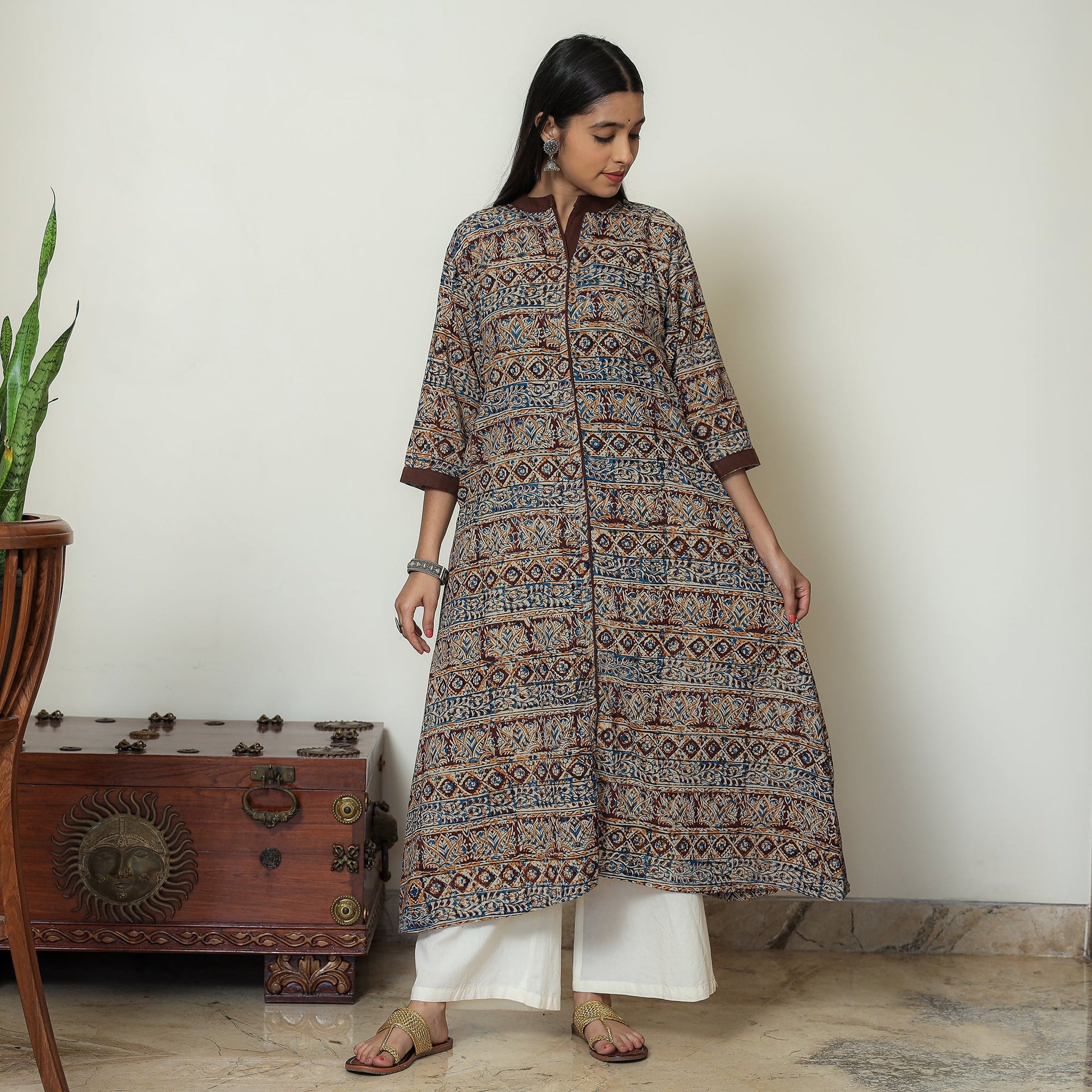 Brown - Kalamkari Hand Block Printed Cotton A-Line Kurta 05
