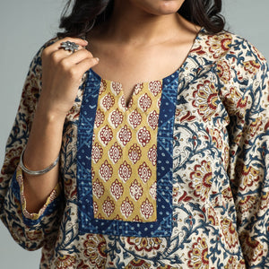 Beige - Pedana Kalamkari Block Printed Cotton Kurta with Palazzo Set