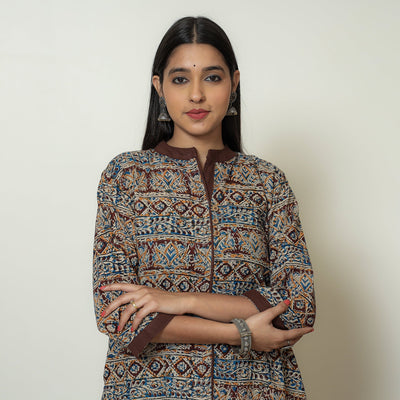 Brown - Kalamkari Hand Block Printed Cotton A-Line Kurta 05