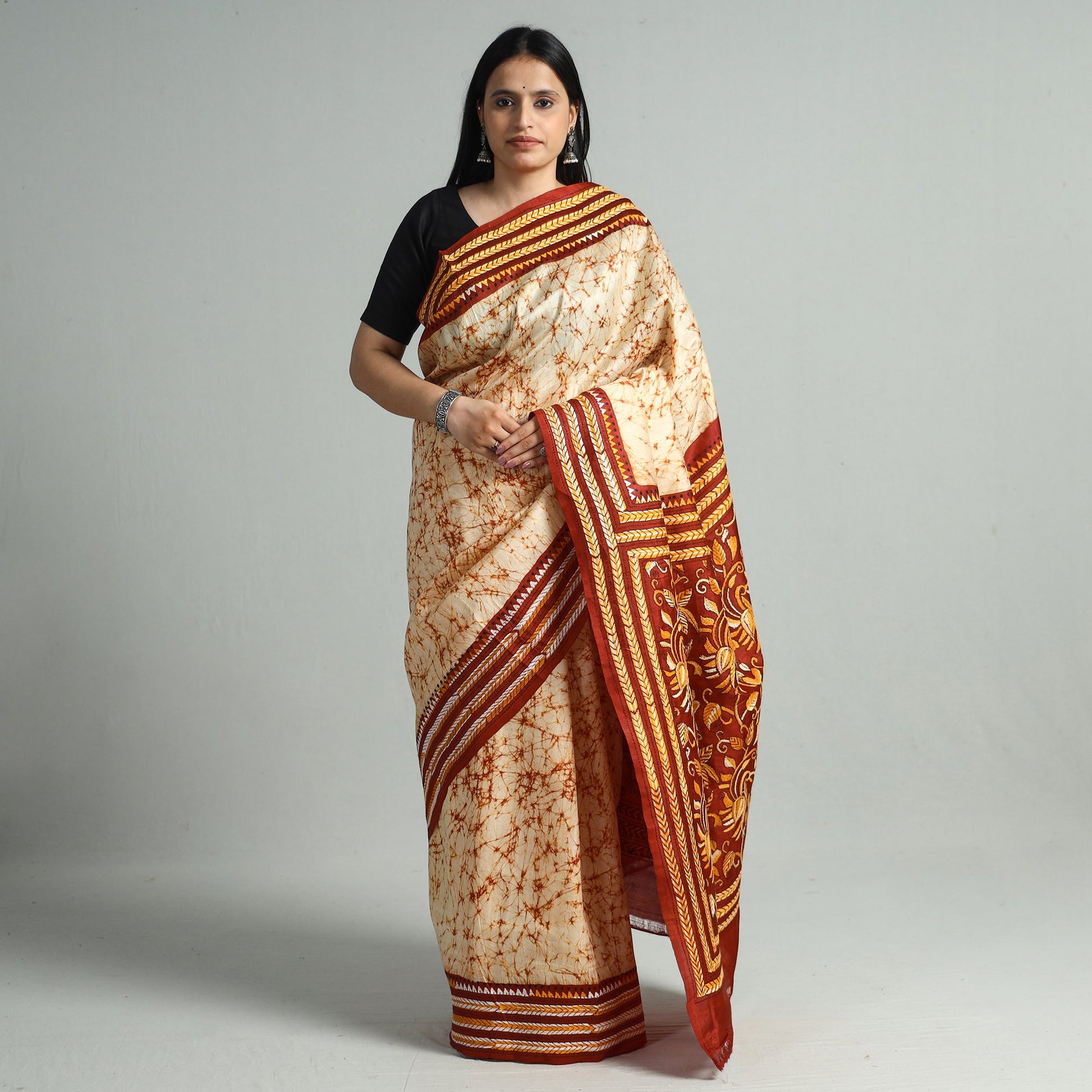 Beige - Kantha Embroidery Tussar Silk Handloom Batik Print Saree 129