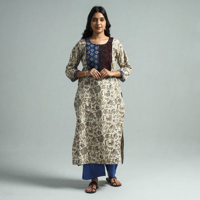Beige - Pedana Kalamkari Block Printed Cotton Kurta with Palazzo Set