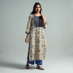 Beige - Pedana Kalamkari Block Printed Cotton Kurta with Palazzo Set