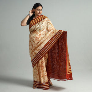 Beige - Kantha Embroidery Tussar Silk Handloom Batik Print Saree 129