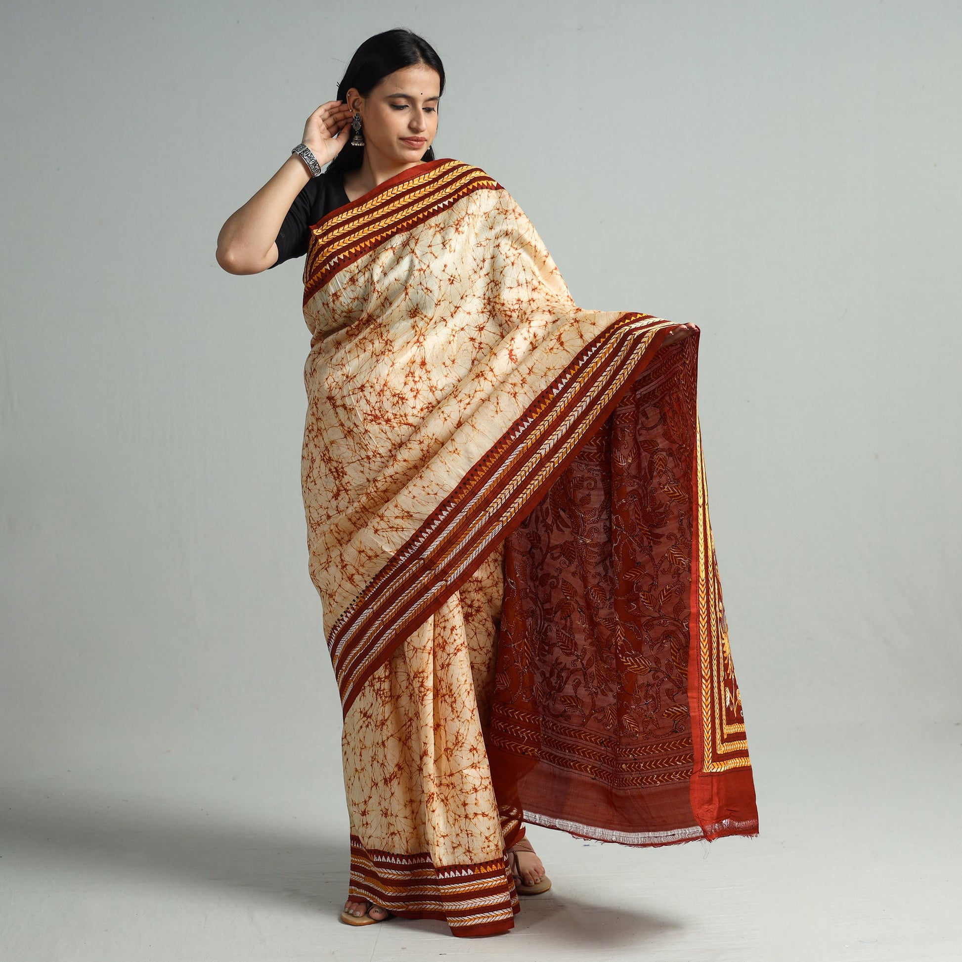 Beige - Kantha Embroidery Tussar Silk Handloom Batik Print Saree 129