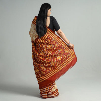 Beige - Kantha Embroidery Tussar Silk Handloom Batik Print Saree 129